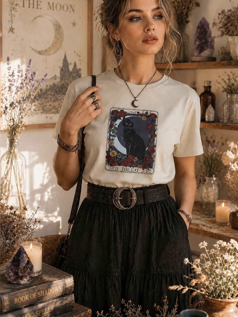 Black Cat Tarot Card Graphic Cottagecore Witchy Boho Moon Floral T-Shirt large